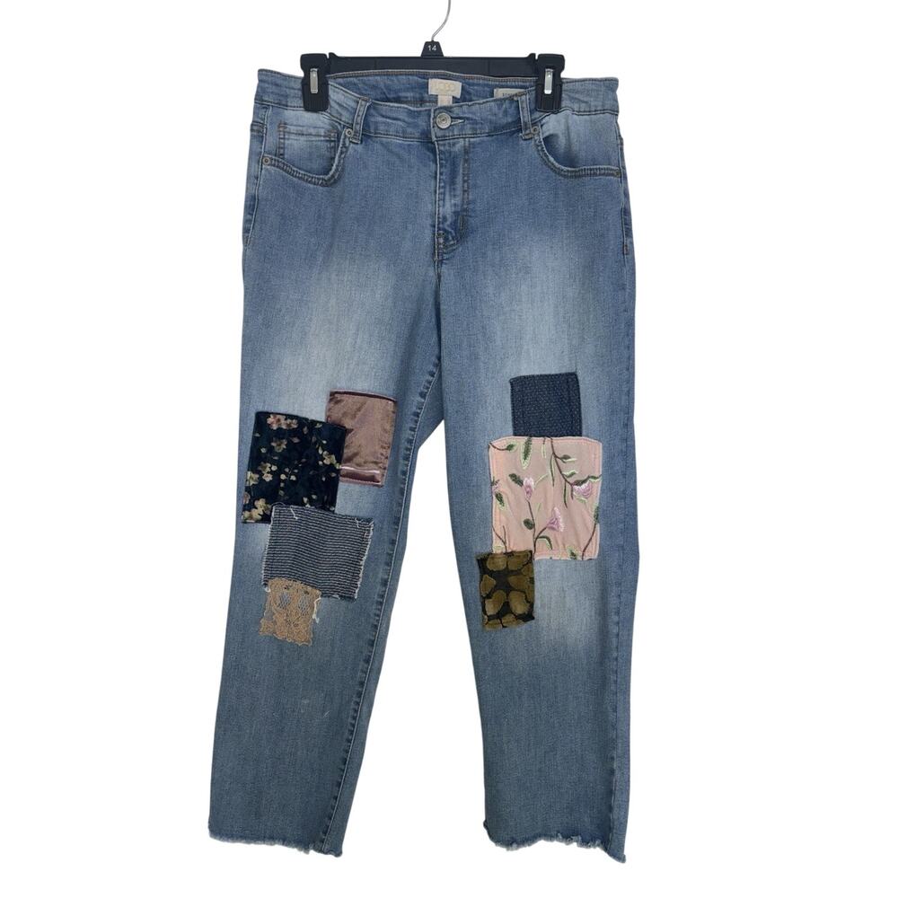 Velvet Lace Patchwork Boyfriend Cut Jeans Light Wash 12 Boho Hippie